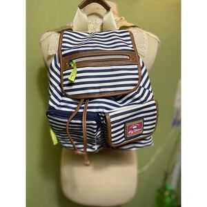 Lily Bloom Back Pack Purse. Green Living Blue Striped Zipper.  Smal Flaw Picture